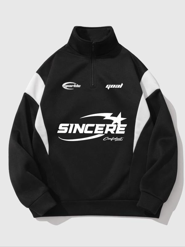 Letter & Star Print Half Zip Up Casual Regular Fit Long Sleeve Hooded Fall & Winter Top Daily T-Shirts, Hoodie, Sweatshirt - T-Shirt, Sweatshirt, Hoodie