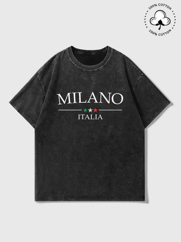 Letter & Star Print Short Sleeve Regular Fit Casual Summer Top Daily Cotton T-Shirts, Hoodie, Sweatshirt - T-Shirt, Sweatshirt, Hoodie