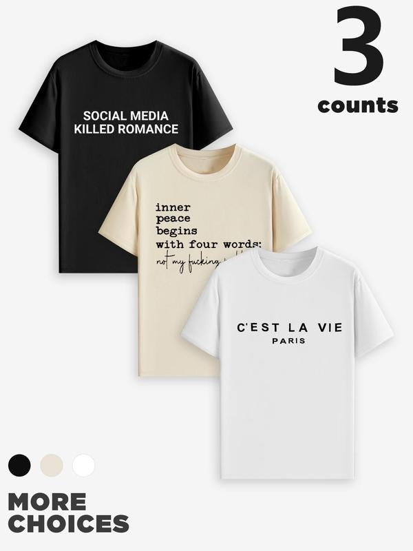 Letter Print Round Neck Regular Fit Casual Short Sleeve Crew Neck Summer Top Daily Wearstyle{N002}2 T-Shirts, Hoodie, Sweatshirt - T-Shirt, Sweatshirt, Hoodie