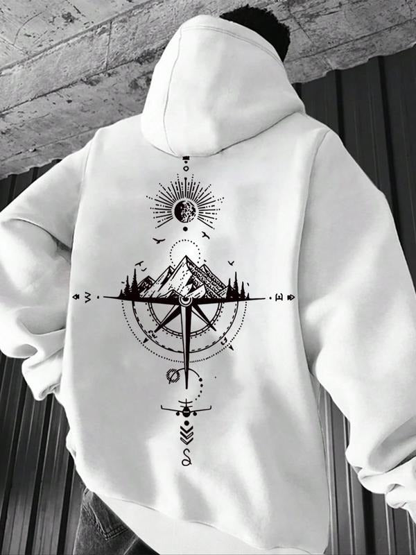 Mountain & Compass Print Drawstring Casual Regular Fit Pocket Long Sleeve Hooded Clothes Fall & Winter Daily T-Shirts, Hoodie, Sweatshirt - T-Shirt, Sweatshirt, Hoodie