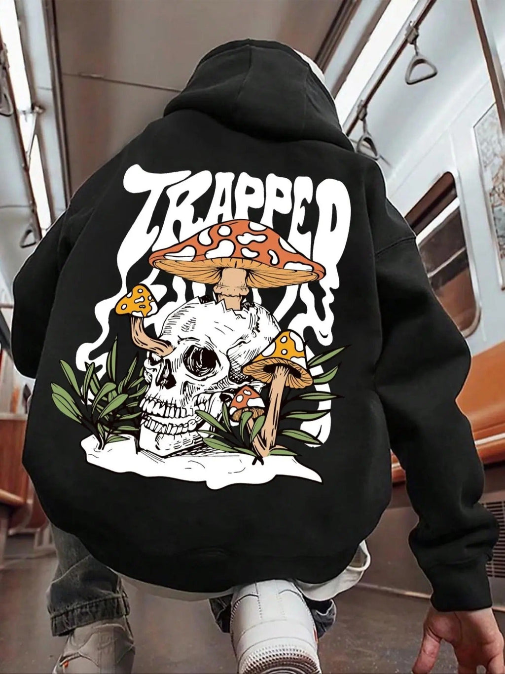 Mushroom & Skull Print Drop Shoulder Casual Regular Fit Drawstring Hooded Daily Outdoor Clothes Fall & Winter T-Shirts, Hoodie, Sweatshirt - T-Shirt, Sweatshirt, Hoodie