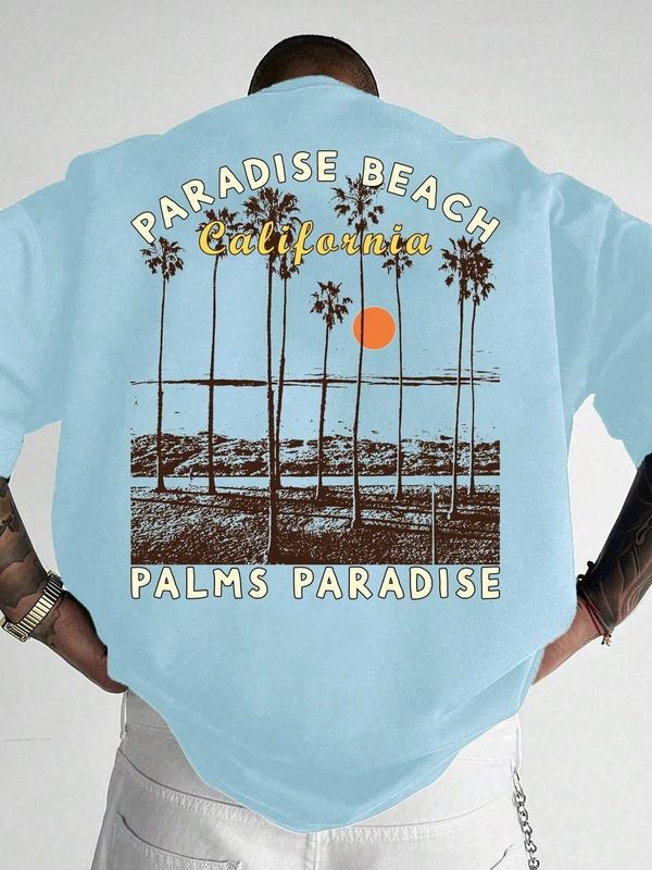 Palm Tree & Sunset Print Round Neck Regular Fit Casual Short Sleeve Summer Top Daily Tropical T-Shirts, Hoodie, Sweatshirt - T-Shirt, Sweatshirt, Hoodie