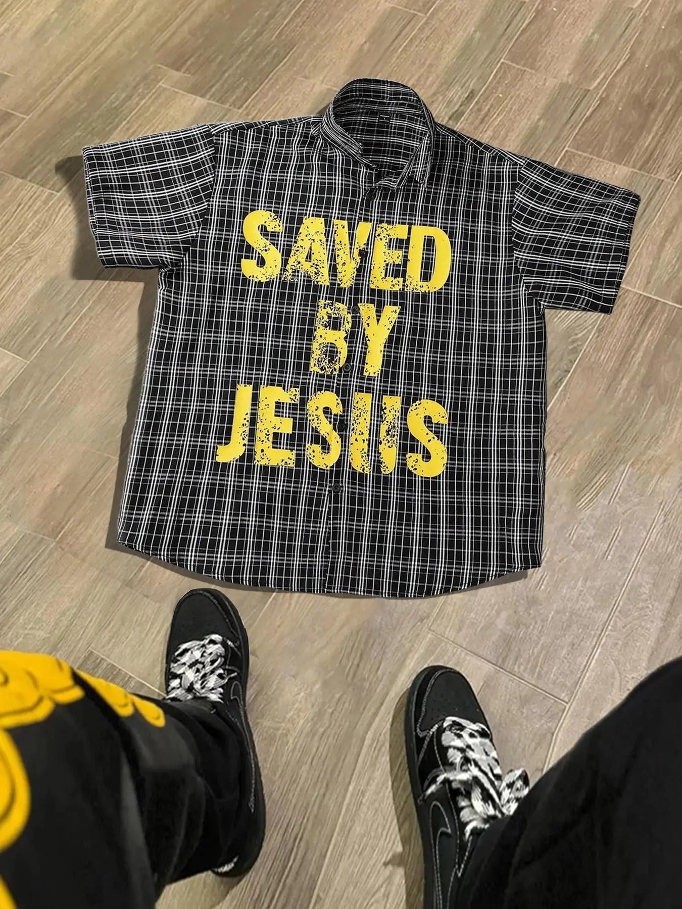 Plaid & Letter Print Short Sleeve Shirt Regular Fit Casual Street Soft Comfy Collared Top Summer Clothes Daily T-Shirts, Hoodie, Sweatshirt - T-Shirt, Sweatshirt, Hoodie