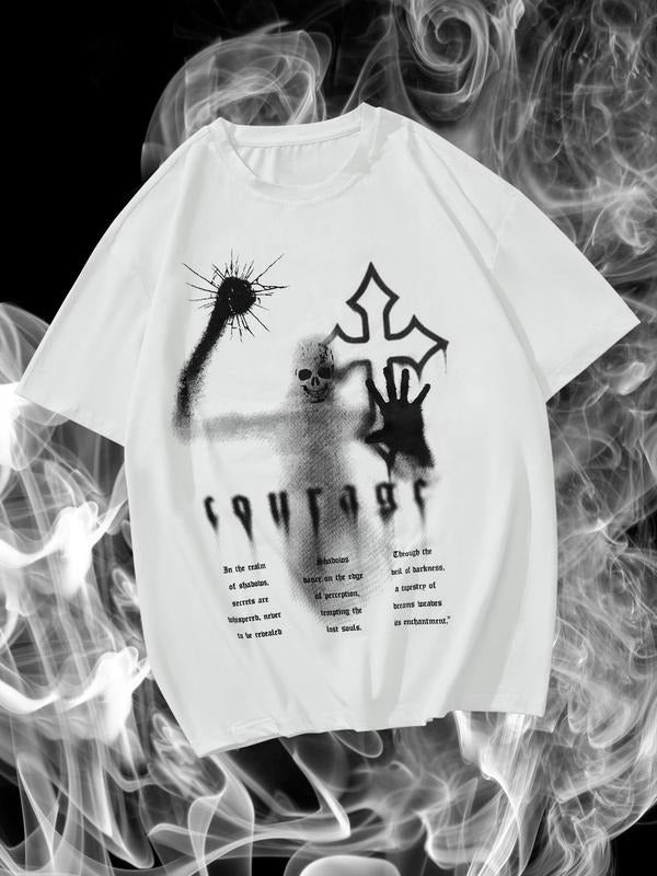 Regular Fit Skull & Cross Print Round Neck Casual Short Sleeve Crew Neck Summer Top Daily Tropical T-Shirts, Hoodie, Sweatshirt - T-Shirt, Sweatshirt, Hoodie