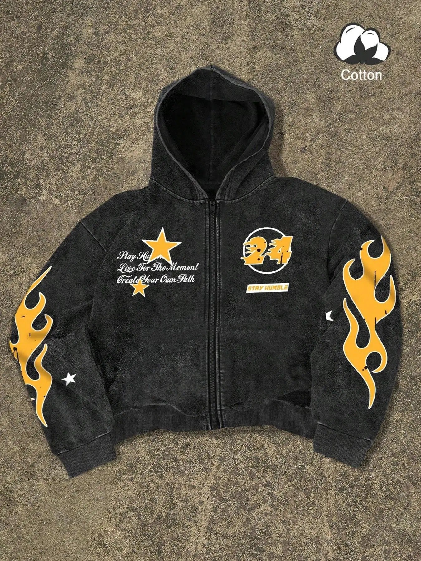 Regular Fit Star & Fire Print Zip Up Casual Comfy Long Sleeve Hooded Outerwear Spring & Fall Clothes Daily Cotton Casual T-Shirts, Hoodie, Sweatshirt - T-Shirt, Sweatshirt, Hoodie