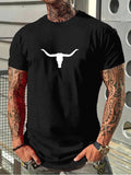 Solid Color Bull Head Print Round Neck Regular Fit Casual Short Sleeve Crew Neck Daily Top All Seasons T-Shirts, Hoodie, Sweatshirt - T-Shirt, Sweatshirt, Hoodie
