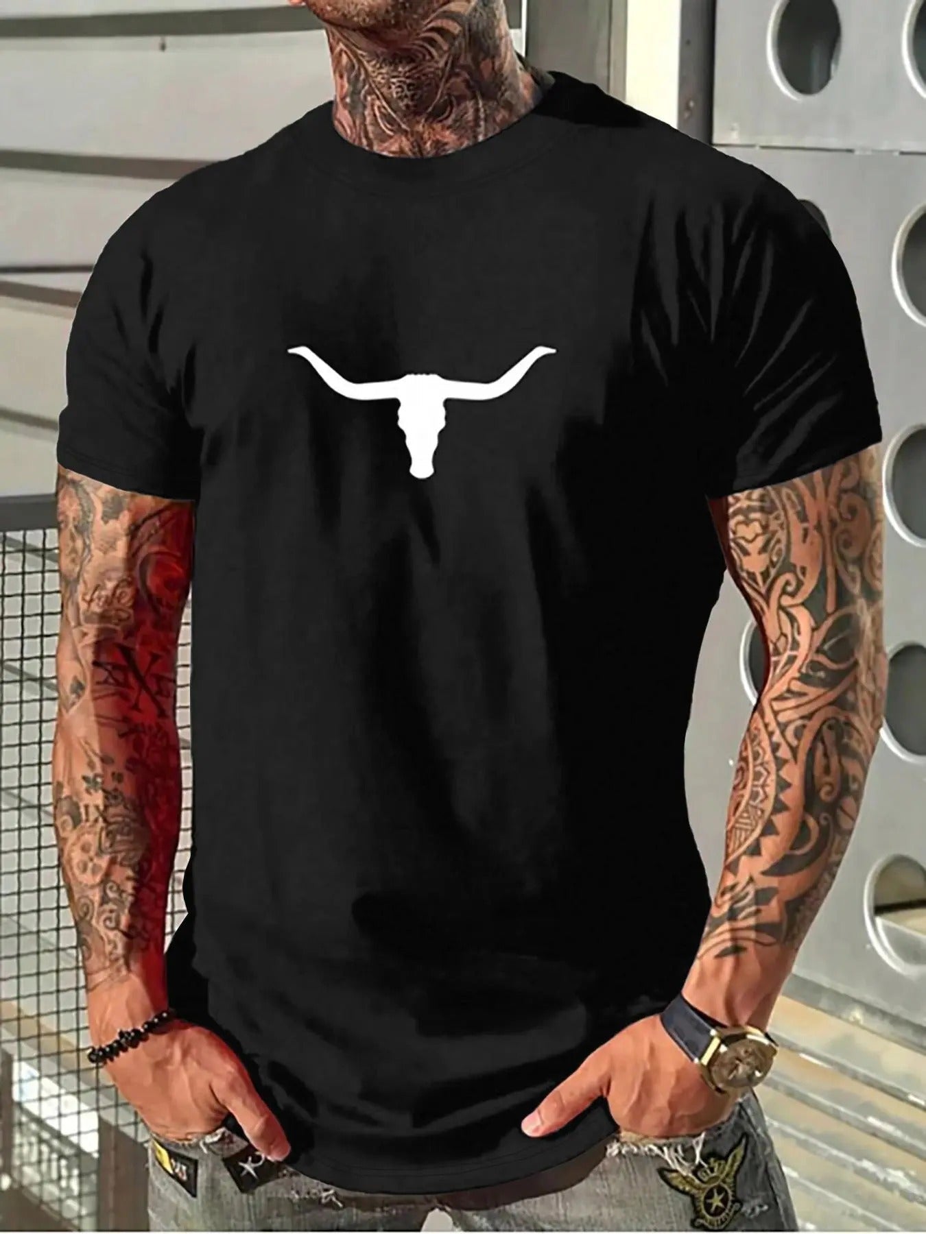 Solid Color Bull Head Print Round Neck Regular Fit Casual Short Sleeve Crew Neck Daily Top All Seasons T-Shirts, Hoodie, Sweatshirt - T-Shirt, Sweatshirt, Hoodie