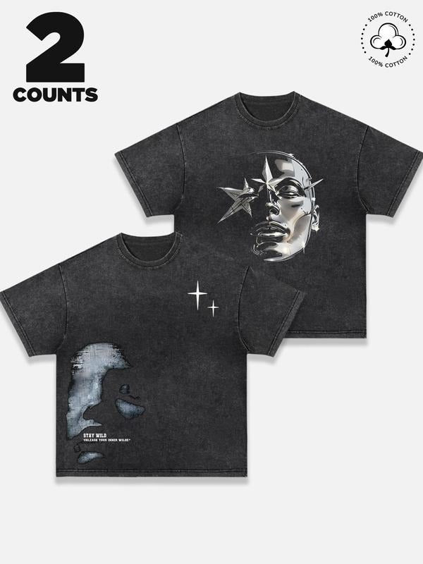 Star & Moon Print Short Sleeve Regular Fit Casual Round Neck Summer Top Daily Tropical T-Shirts, Hoodie, Sweatshirt - T-Shirt, Sweatshirt, Hoodie