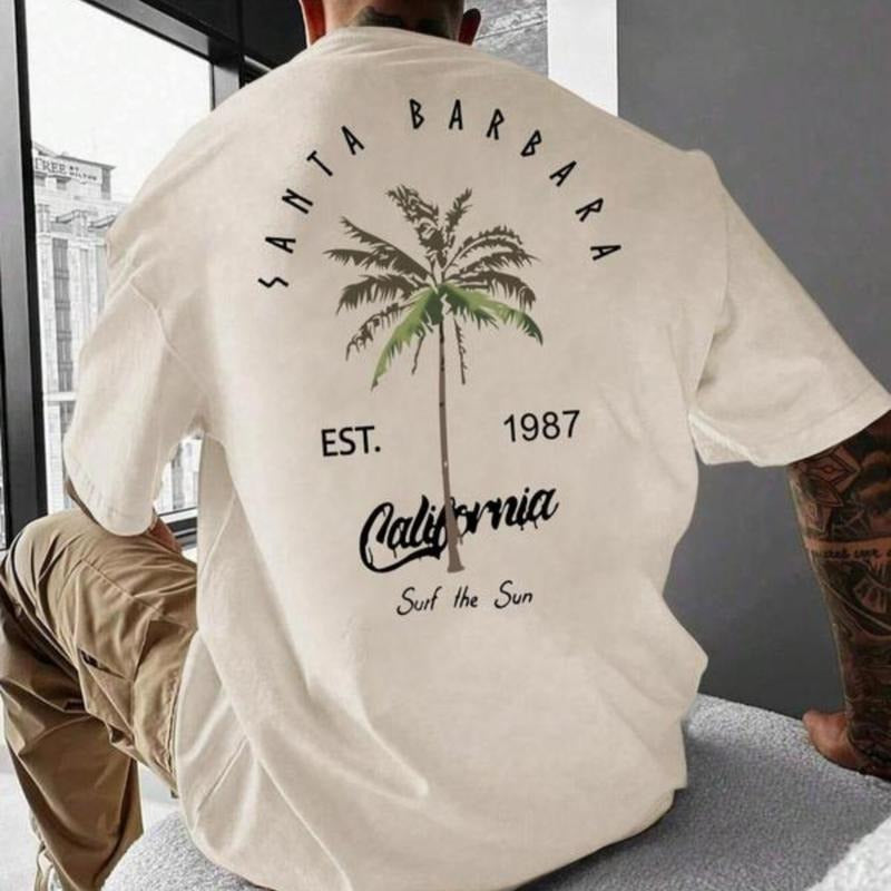 Summer Clothes Letter & Tree Print Drop Shoulder Summer Outfits 2024 Summer Tops Back School Outfits Regular Fit Streetwear Crew Neck 90s Clothes T-Shirts, Hoodie, Sweatshirt - T-Shirt, Sweatshirt, Hoodie