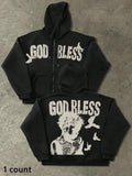 Black Casual Vintage American "God Bless" Slogan & Praying Hand Print Retro Streetwear Suitable Spring Autumn Winter Versatile T-Shirts, Hoodie, Sweatshirt - T-Shirt, Sweatshirt, Hoodie
