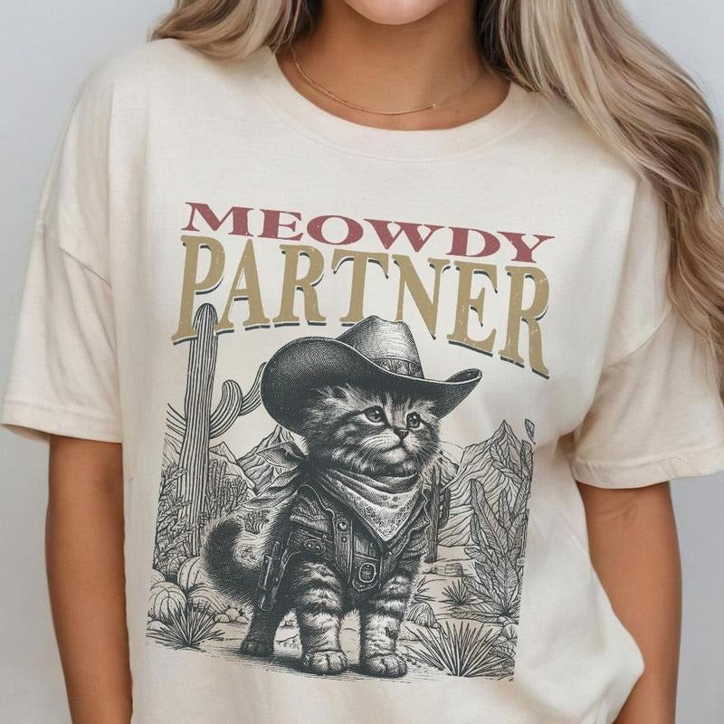 Meowdy Partner Shirt Vintage Shirt Funny Country Shirt Cat Cowboy Shirt Vintage Western Tops Cat Lover Shirt 90s Country Shirt Retro Cowboy Cat Lover Vintage Her T-Shirts, Hoodie, Sweatshirt - T-Shirt, Sweatshirt, Hoodie