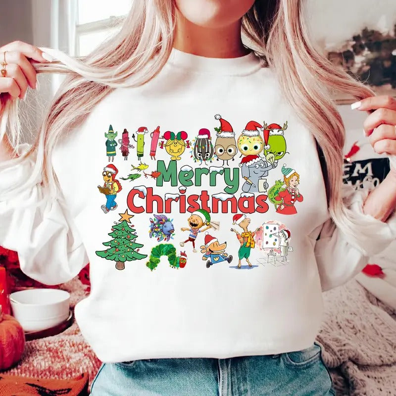 Merry Children'S Books Shirt Teacher Xmas Children Book Xmas Shirt Mo Willems Teacher Shirt Pete Cat Shirt T-Shirts, Hoodie, Sweatshirt - T-Shirt, Sweatshirt, Hoodie