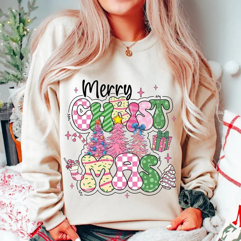 Merry Pink Shirt Tree Coquette Doodle Letters Tis Season Candy Cane Hot Cocoa T-Shirts, Hoodie, Sweatshirt - T-Shirt, Sweatshirt, Hoodie