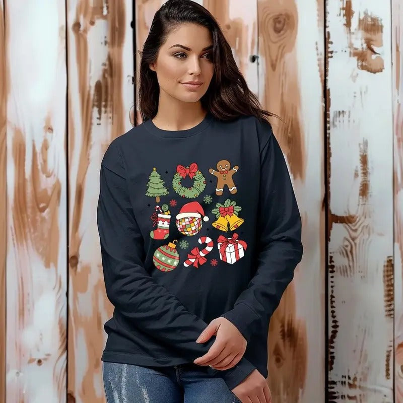 Merry Transfers Print Casual Long Sleeve Tree Xmas Season T-Shirts, Hoodie, Sweatshirt - T-Shirt, Sweatshirt, Hoodie