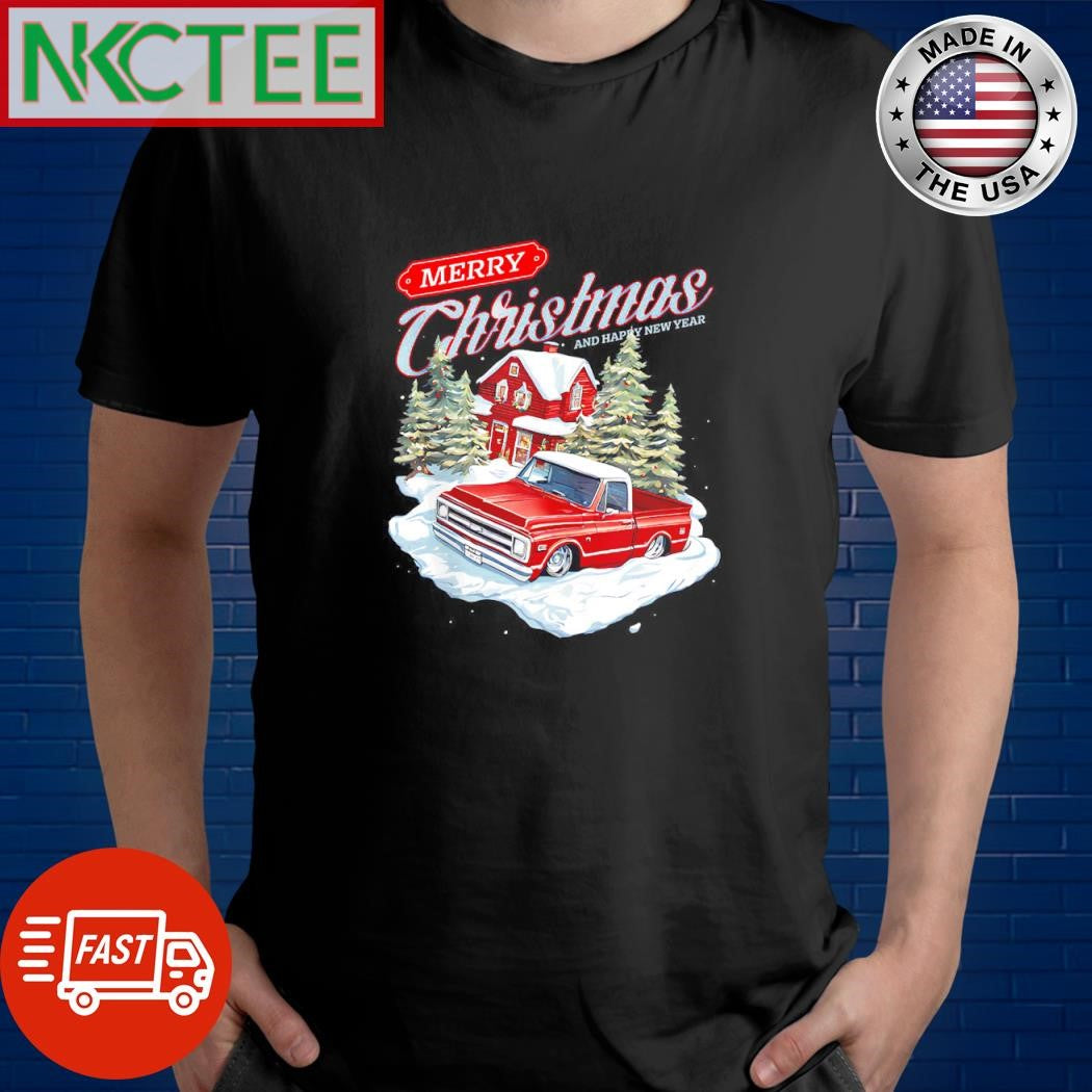 Merry Christmas and Happy New Year house and Chevy truck winter shirt Unisex T-shirt, Sweatshirt, Hoodie, Long Sleeve Tee - T-Shirt, Sweatshirt, Hoodie
