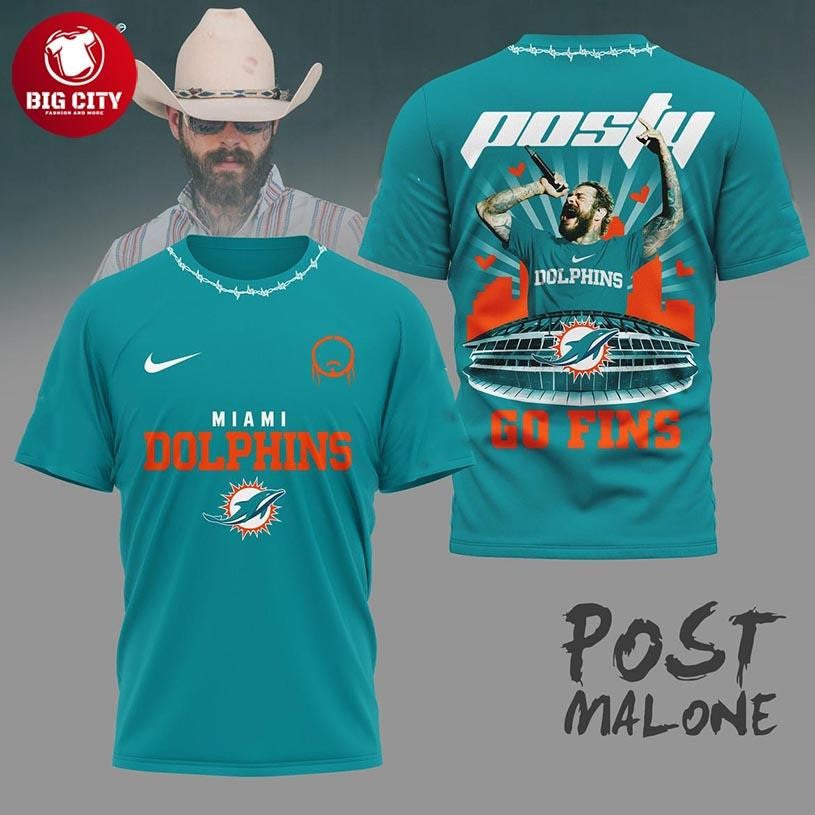 Miami Dolphins 2025 Post Malone Raiders Go Fins Two Sided Shirt Unisex T-shirt, Sweatshirt, Hoodie, Long Sleeve Tee - T-Shirt, Sweatshirt, Hoodie