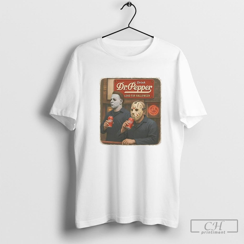 Michael Myers And Jason Voorhees Drink Dr Pepper Good For Halloween Shirt Sweater Unisex T-shirt, Sweatshirt, Hoodie, Long Sleeve Tee - T-Shirt, Sweatshirt, Hoodie