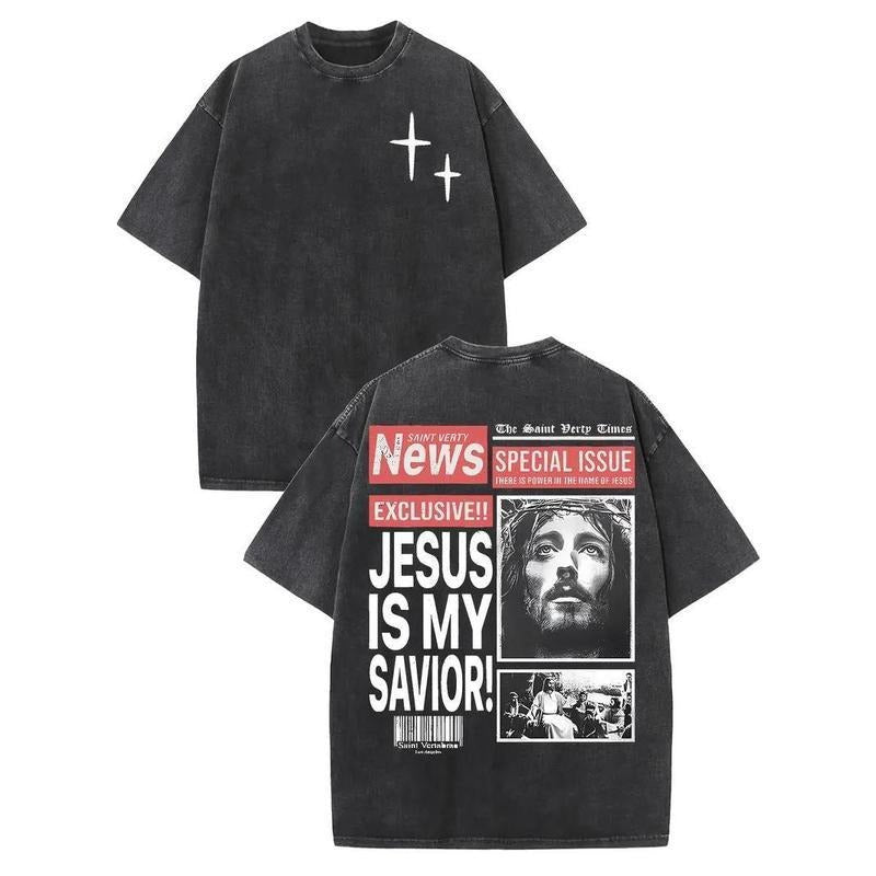 [ Mineral Wash ] Jesus Is My Savior DoubleSided Print Retro Streetwear Loose Fit Washed Cotton Short Sleeve Crew Neck T-Shirts, Hoodie, Sweatshirt - T-Shirt, Sweatshirt, Hoodie