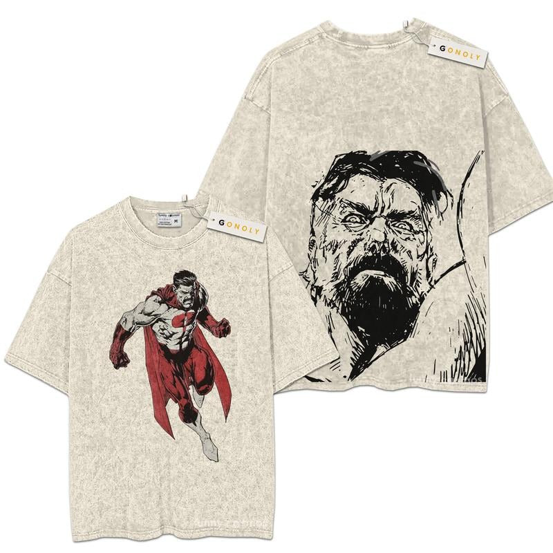[ Mineral Wash ] Nolan Grayson OmniMan Invincible Anime Double Printed Washed Oversize Heavyweight Cotton Anime Fans T-Shirts, Hoodie, Sweatshirt - T-Shirt, Sweatshirt, Hoodie