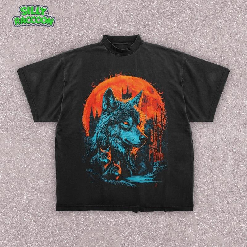 [ Mineral Wash ] Retro Dark Wolves Washed Moon Gothic Castle Fantasy Wolves Supernatural Goth Wolf Shirt Fantasy Halloween Shirt T-Shirts, Hoodie, Sweatshirt - T-Shirt, Sweatshirt, Hoodie