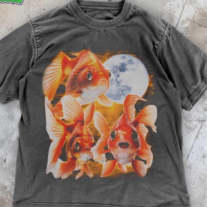 [ Mineral Wash ] Three Goldfish Moon Magical Koi Fish Retro Vintage Fantasy Fish Lover Washed Pet Fish Washed T-Shirts, Hoodie, Sweatshirt - T-Shirt, Sweatshirt, Hoodie