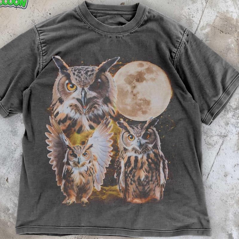 [ Mineral Wash ] Three Owls Retro Celestial Wildlife Shirt Moon Phase Vintage Owl Lover Washed Nocturnal Bird Distressed T-Shirts, Hoodie, Sweatshirt - T-Shirt, Sweatshirt, Hoodie