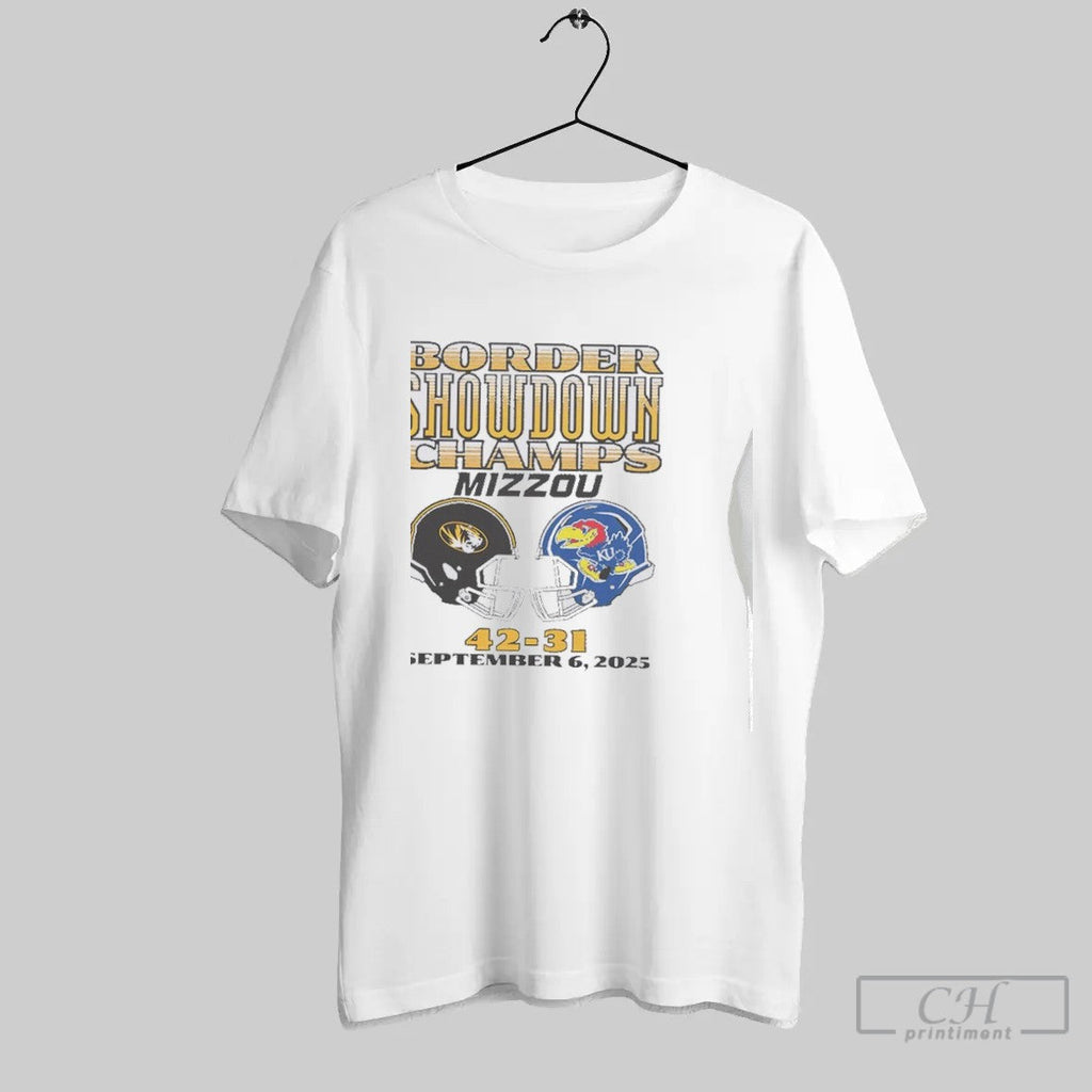 Missouri Tigers Vs Kansas Jayhawks 2025 Border Showdown Champs T Shirt Unisex T-shirt, Sweatshirt, Hoodie, Long Sleeve Tee - T-Shirt, Sweatshirt, Hoodie