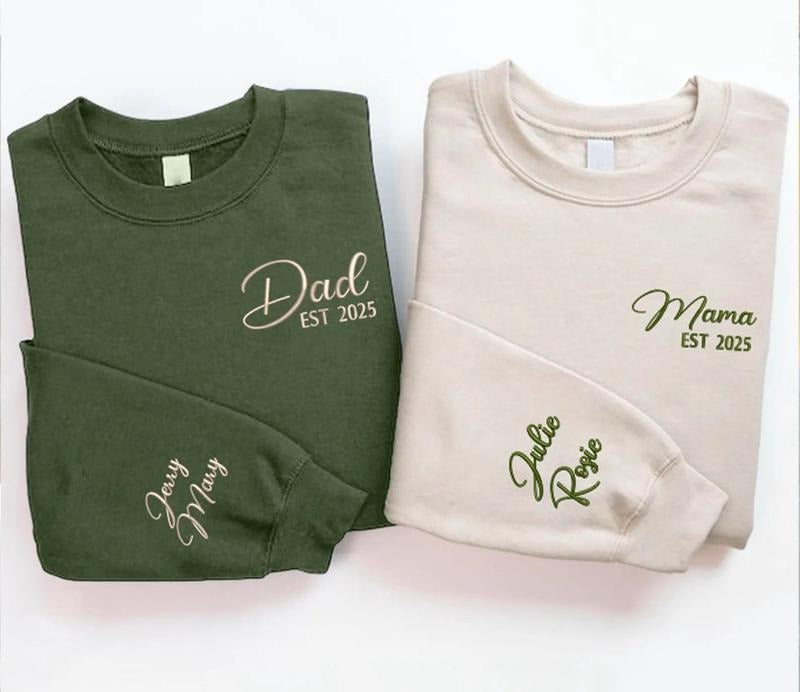 Mom Dad Matching Embroidered Personalized Mama & Dad Shirt Custom Names Sleeve Her T-Shirts, Hoodie, Sweatshirt - T-Shirt, Sweatshirt, Hoodie