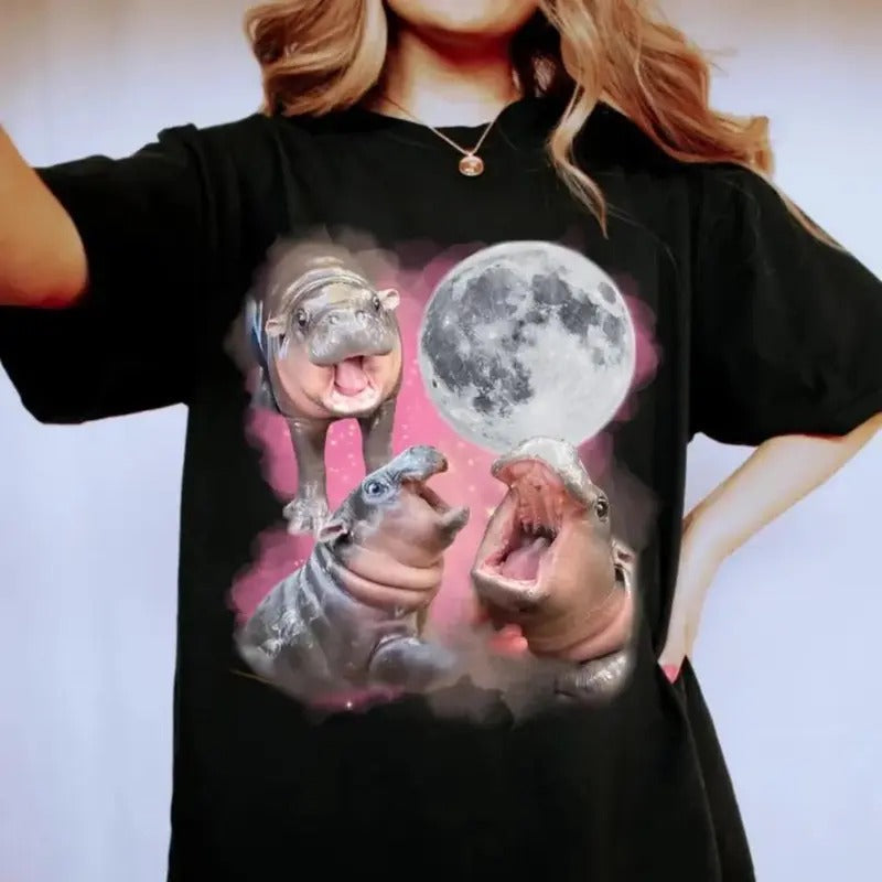 Moo Deng Shirt Three Moo Deng Howling Moon Shirt Vintage 90s Funny Bootleg Moo Deng Baby Hippo MooDeng T-Shirts, Hoodie, Sweatshirt - T-Shirt, Sweatshirt, Hoodie
