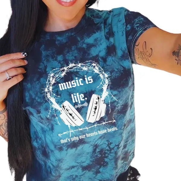 'Music Is Life' Black & Green Tie Dye Alt Grunge Streetwear Sarcastic Punk Cotton Casual Comfort Cute Music Lovers Womenswear T-Shirts, Hoodie, Sweatshirt - T-Shirt, Sweatshirt, Hoodie