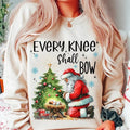Nativity Scene Every Knee Shall Bow Kneeling Santa Baby Jesus Cotton Fabric Fit Womenswear Fitted T-Shirts, Hoodie, Sweatshirt - T-Shirt, Sweatshirt, Hoodie