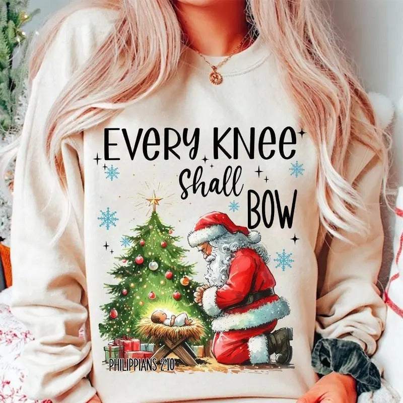 Nativity Scene Every Knee Shall Bow Kneeling Santa Baby Jesus Cotton Fabric Fit Womenswear Fitted T-Shirts, Hoodie, Sweatshirt - T-Shirt, Sweatshirt, Hoodie