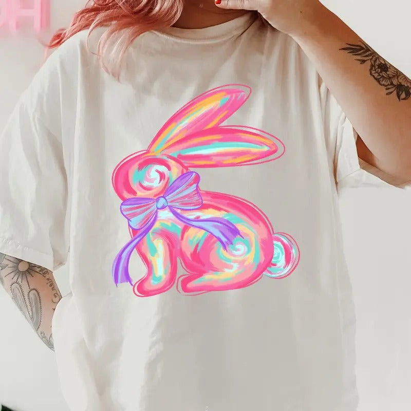 Neon Bunny Easter Shirt ~ Relaxed Fit Printed USA Womenswear Casual Comfort Cotton Top Athletic Boho Chic T-Shirts, Hoodie, Sweatshirt - T-Shirt, Sweatshirt, Hoodie