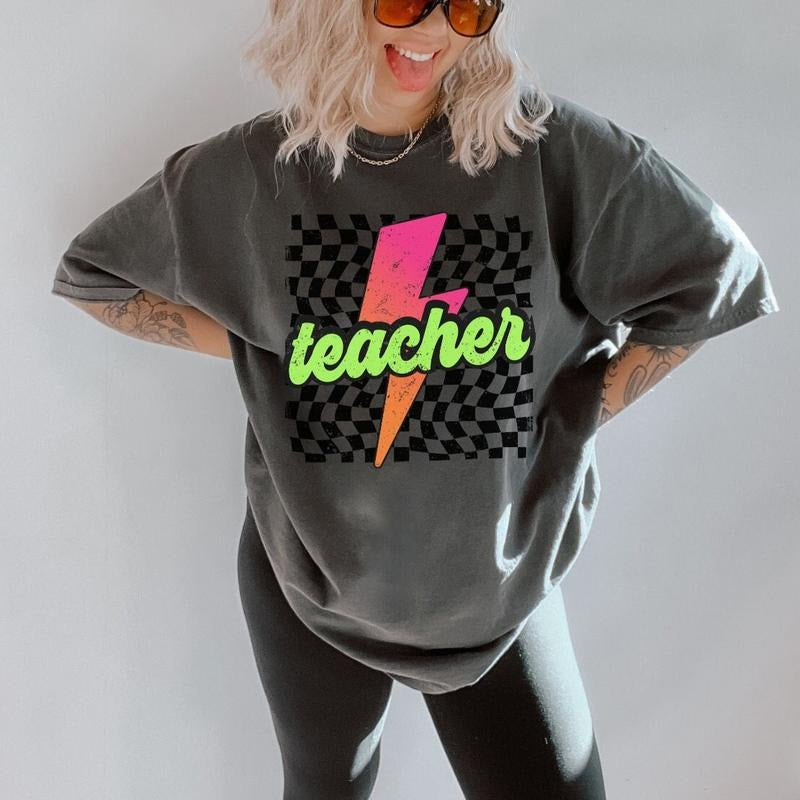 Neon Teacher Shirt Retro Checkered Teacher Shirt Lightning Bolt New Teacher Back School Teacher Appreciation Comfort Colors Shirt T-Shirts, Hoodie, Sweatshirt - T-Shirt, Sweatshirt, Hoodie