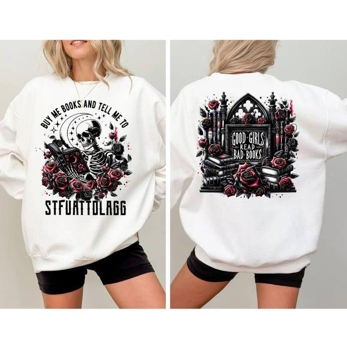 New Buy Me Books Tell Me Stfuattdlagg Book Lover Libraian Funny Skeleton Book Shiirt Dark Academia Hooodie T-Shirts, Hoodie, Sweatshirt - T-Shirt, Sweatshirt, Hoodie
