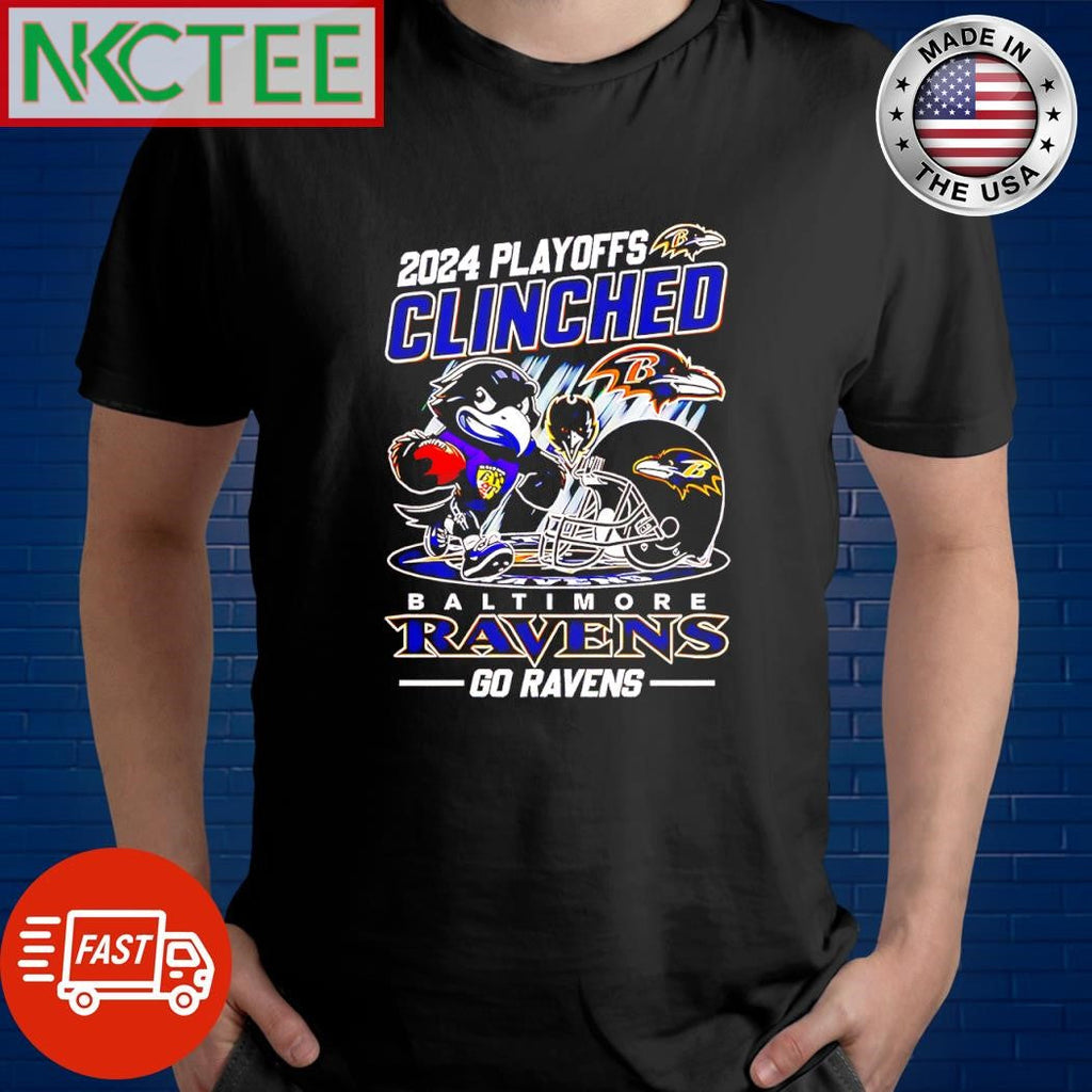 Nice 2024 Playoffs Clinched Baltimore Ravens Go Ravens mascot helmet shirt Unisex T-shirt, Sweatshirt, Hoodie, Long Sleeve Tee - T-Shirt, Sweatshirt, Hoodie