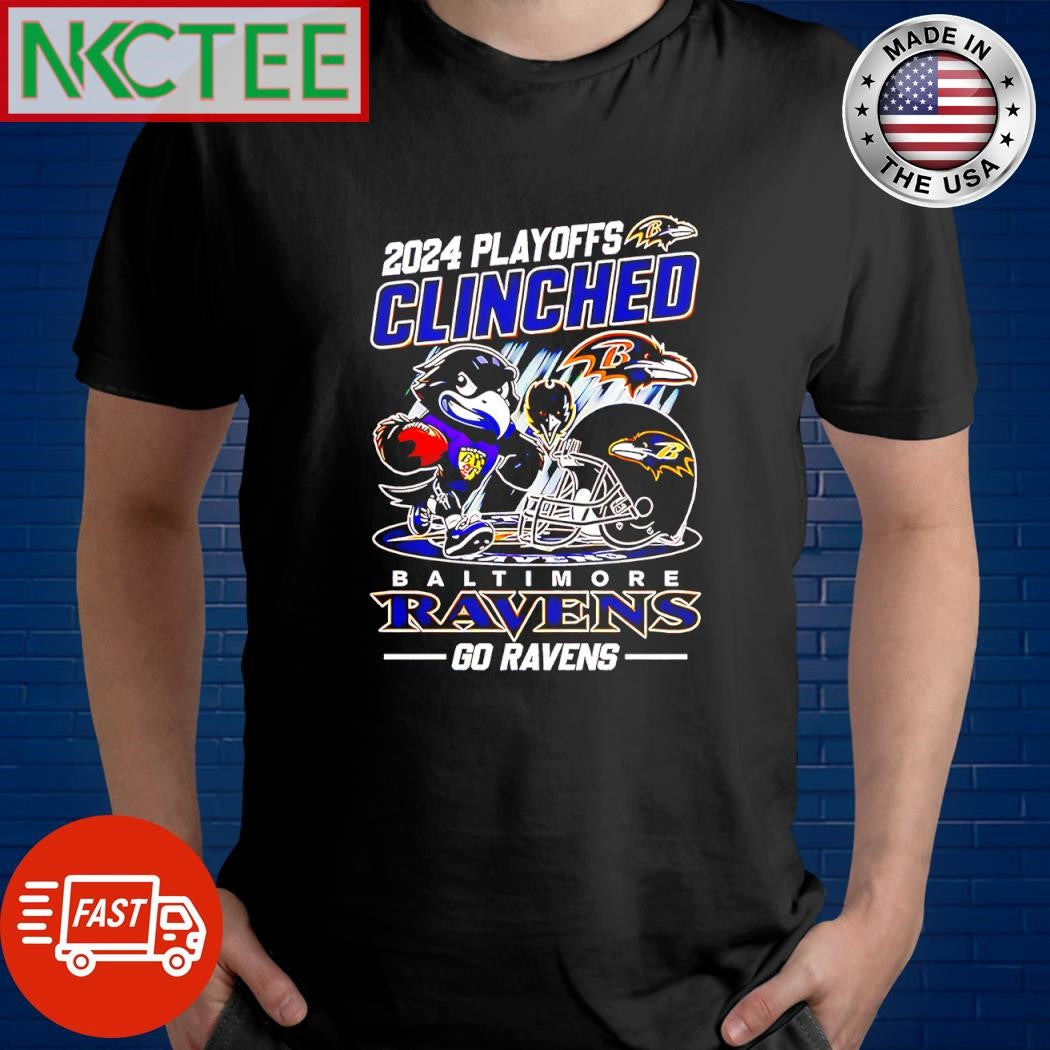 Nice 2024 Playoffs Clinched Baltimore Ravens Go Ravens mascot helmet shirt Unisex T-shirt, Sweatshirt, Hoodie, Long Sleeve Tee - T-Shirt, Sweatshirt, Hoodie