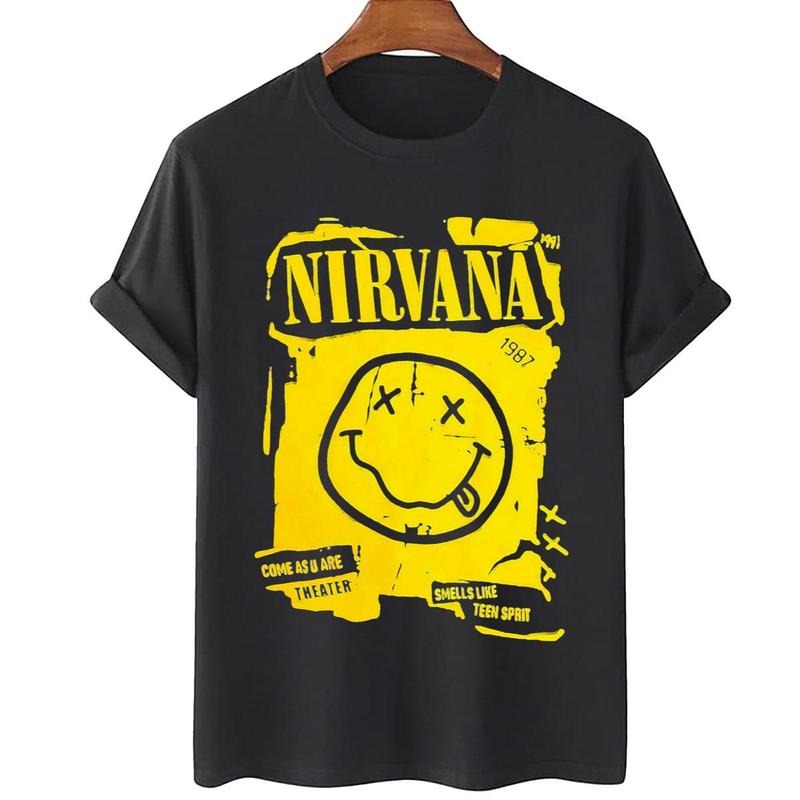 Nirv4na Yellow Iconic Smiley Face Kurt C0bain Shirt Grunge Band 90s Festival Clothes American Rock Band Concert Short Sleeve Shirt T-Shirts, Hoodie, Sweatshirt - T-Shirt, Sweatshirt, Hoodie
