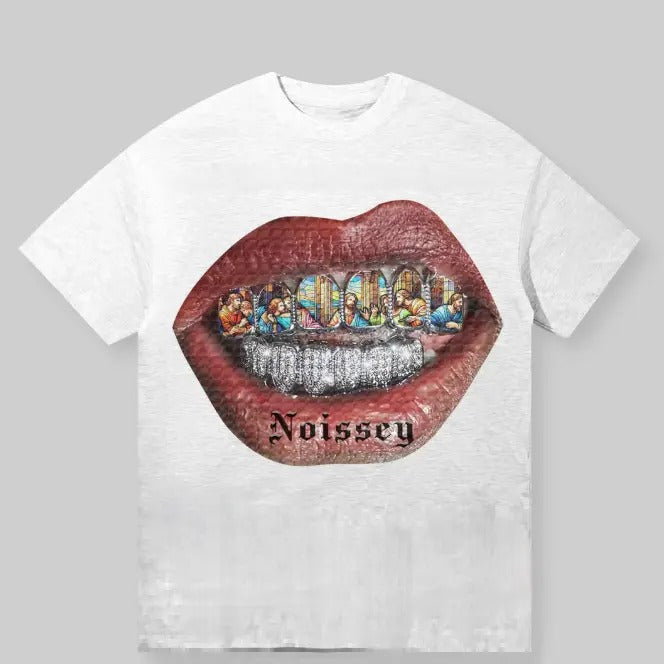 Noissey Grillz Stained Glass Religious Iconography Diamond Grillz Art Bold Lips Gold Gemstone Teeth Streetwear Shirt T-Shirts, Hoodie, Sweatshirt - T-Shirt, Sweatshirt, Hoodie