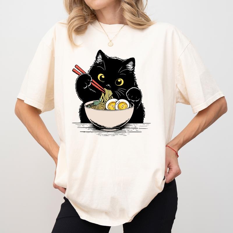 Noodle Cat Comfort Colors Shirt Cute Black Cat Ramen Cat Lover Unhinged Anime Lover T-Shirts, Hoodie, Sweatshirt - T-Shirt, Sweatshirt, Hoodie