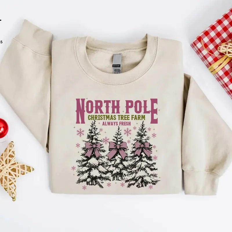 North Pole Fresh Tree Farm Pink Coquette Bow Xmas Season Shirt Xmas T-Shirts, Hoodie, Sweatshirt - T-Shirt, Sweatshirt, Hoodie
