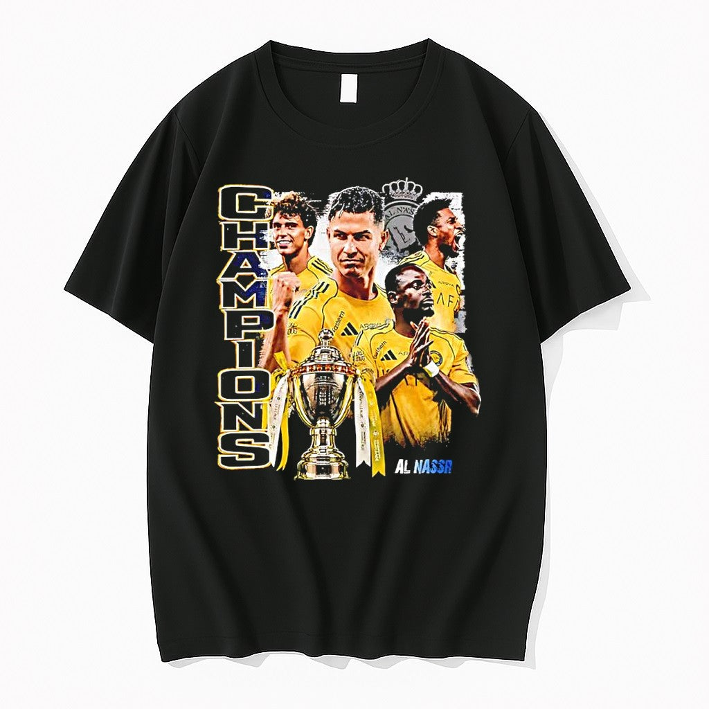 Official Al Nassr Champions 2026 Ronaldo And Team Trophy Football T Shirts Jpg Unisex T-shirt, Sweatshirt, Hoodie, Long Sleeve Tee - T-Shirt, Sweatshirt, Hoodie
