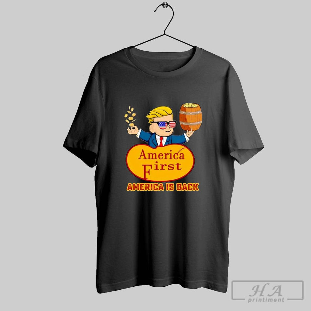 Official America First America Is Back Donald Trump Cartoon Character Throwing Gold Coins Unisex T-shirt, Sweatshirt, Hoodie, Long Sleeve Tee - T-Shirt, Sweatshirt, Hoodie