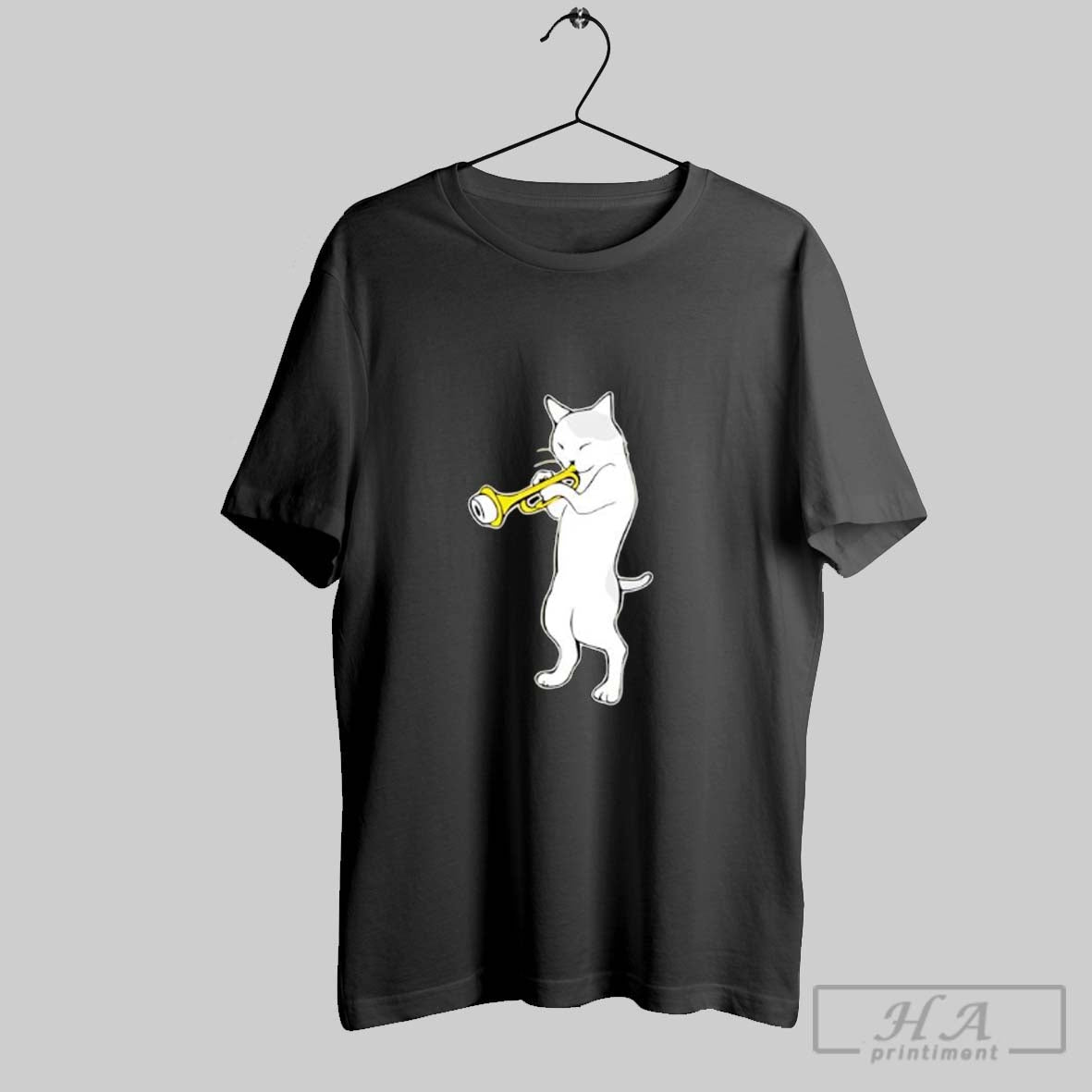 Official Cat Standing Playing A Golden Trumpet Posters Black Unisex T-shirt, Sweatshirt, Hoodie, Long Sleeve Tee - T-Shirt, Sweatshirt, Hoodie