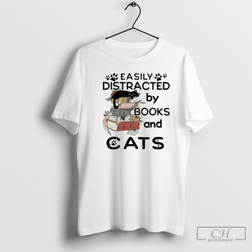 Official Easily Distracted By Books And Cats Shirt Unisex T-shirt, Sweatshirt, Hoodie, Long Sleeve Tee - T-Shirt, Sweatshirt, Hoodie