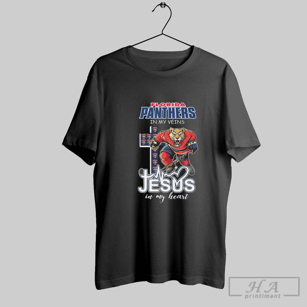 Official Florida Panthers Mascot In My Veins Jesus In My Heart 2025 Unisex T-shirt, Sweatshirt, Hoodie, Long Sleeve Tee - T-Shirt, Sweatshirt, Hoodie