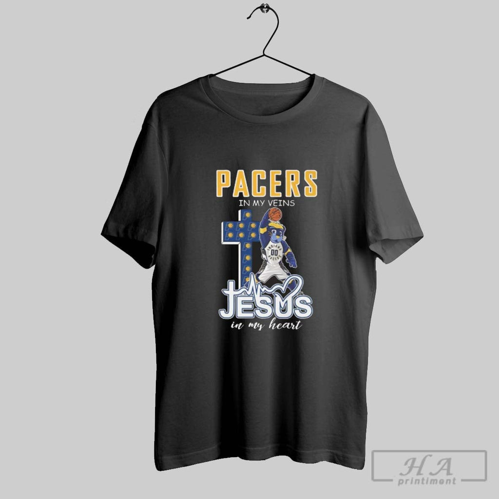 Official Indiana Pacers Mascot In My Veins Jesus In My Heart 2025 Unisex T-shirt, Sweatshirt, Hoodie, Long Sleeve Tee - T-Shirt, Sweatshirt, Hoodie