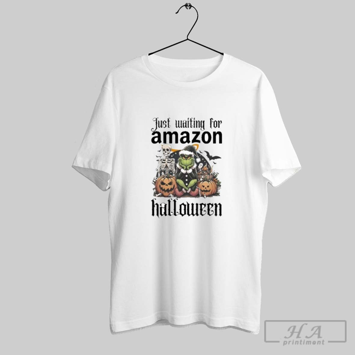 Official Just Waiting For Amazon Santa Grinch Halloween 2025 Shirt Unisex T-shirt, Sweatshirt, Hoodie, Long Sleeve Tee - T-Shirt, Sweatshirt, Hoodie