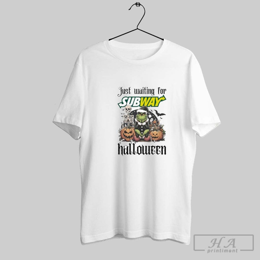 Official Just Waiting For Subway Santa Grinch Halloween 2025 Shirt Unisex T-shirt, Sweatshirt, Hoodie, Long Sleeve Tee - T-Shirt, Sweatshirt, Hoodie