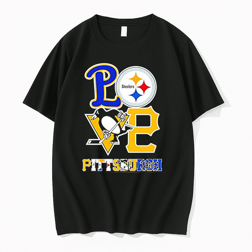 Official Love Pittsburgh Sport Teams Steelers Penguins Pirates Panthers Logos T Shirts Unisex T-shirt, Sweatshirt, Hoodie, Long Sleeve Tee - T-Shirt, Sweatshirt, Hoodie